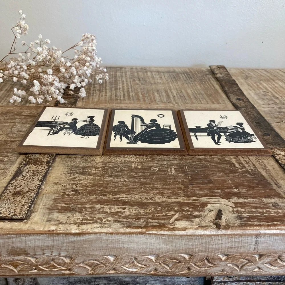 Vintage Set of 3 Victorian Revival Music Silhouette Prints - Black on Cream - Picture 7 of 16